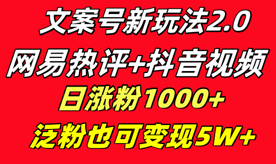 创意文案号新模式 网易热评 抖音视频文案 一天增粉1000  多种多样变现方式 泛粉也可变现-沐颜网创资源