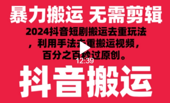 2024最新抖音搬运技术，抖音短剧视频去重，手法搬运，利用工具去重，达到秒过原创的效果【揭秘】-沐颜网创资源