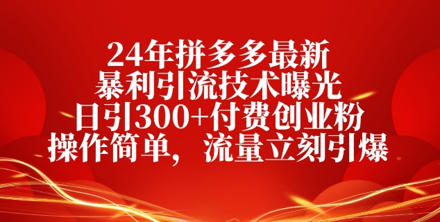 24年拼多多最新爆利引流技术曝出，日引300 付钱自主创业粉，使用方便，总流量马上点爆-沐颜网创资源
