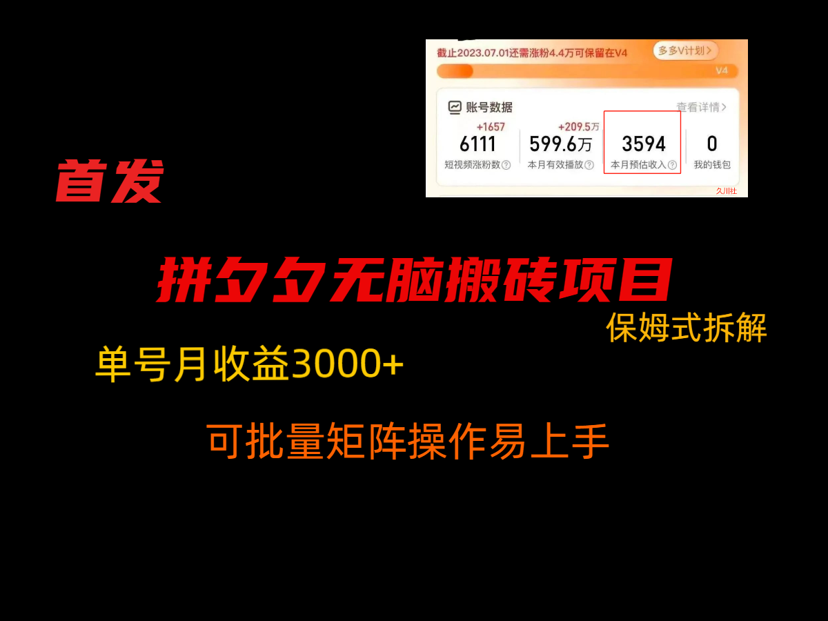 拼夕夕无脑搬砖，单号稳定收益3000+，保姆式拆解-沐颜网创资源