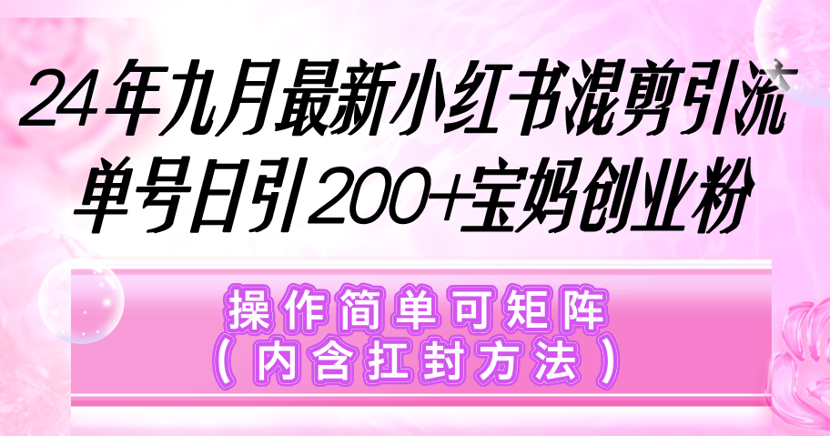 小红书混剪引流，单号日引200+宝妈创业粉，操作简单可矩阵（内含扛封…-沐颜网创资源