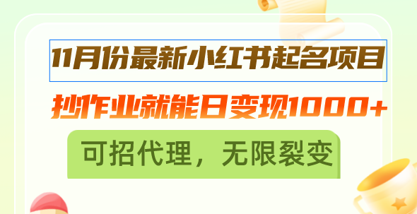 11月份最新小红书起名项目，抄作业就能日变现1000+，可招代理，无限裂变-沐颜网创资源
