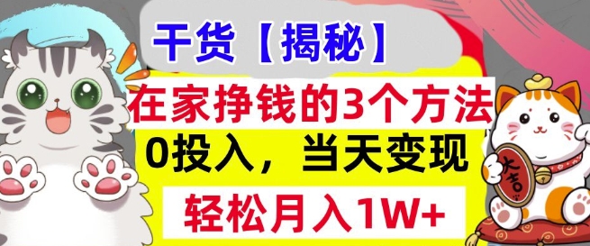 在家挣钱的3个方法，0投入，当天变现，轻松月入过W-沐颜网创资源