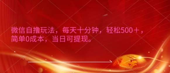 微信自撸玩法，每天十分钟，轻松几张，简单0成本，当日可提现-沐颜网创资源