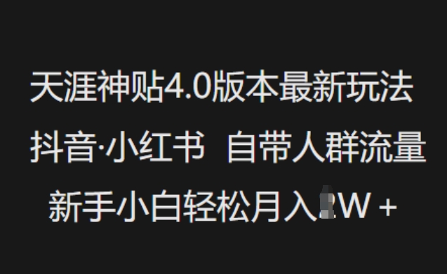 天涯神贴4.0版本号全新游戏玩法，抖音视频·小红书的内置群体总流量，新手入门轻轻松松月入了W-沐颜网创资源