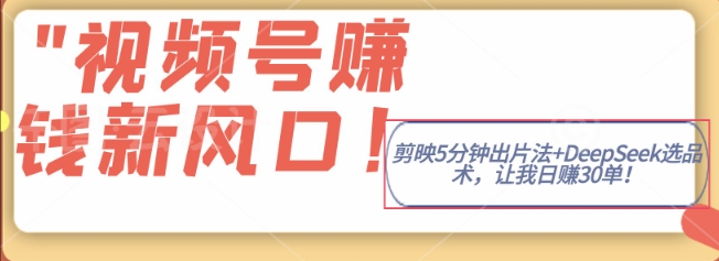 视频号挣钱新风口，剪映5分钟出片法+DeepSeek选品术，让我日出30单-沐颜网创资源