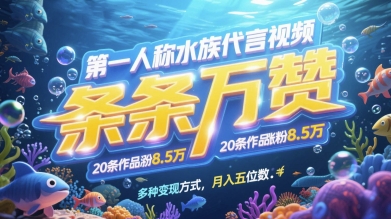 第一人称水族用品品牌代言短视频，一条条万赞，20条著作增粉7.8W，多种多样变现模式月入五位数-沐颜网创资源