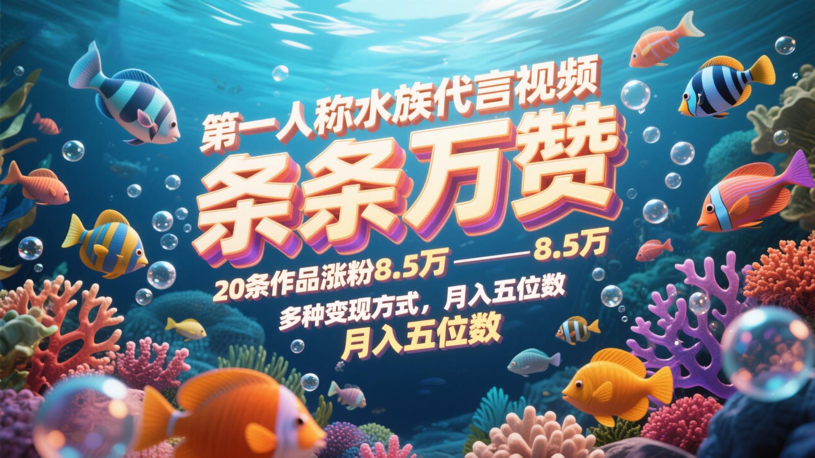 第一人称水族用品品牌代言短视频，一条条万赞，20条著作增粉8.5万，多种多样变现模式月，入五位数-沐颜网创资源