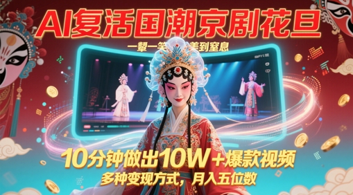AI复生国潮品牌京剧花旦，一颦一笑美到窒息，10min作出10W 爆款短视频，多种多样变现模式，月入五位数-沐颜网创资源