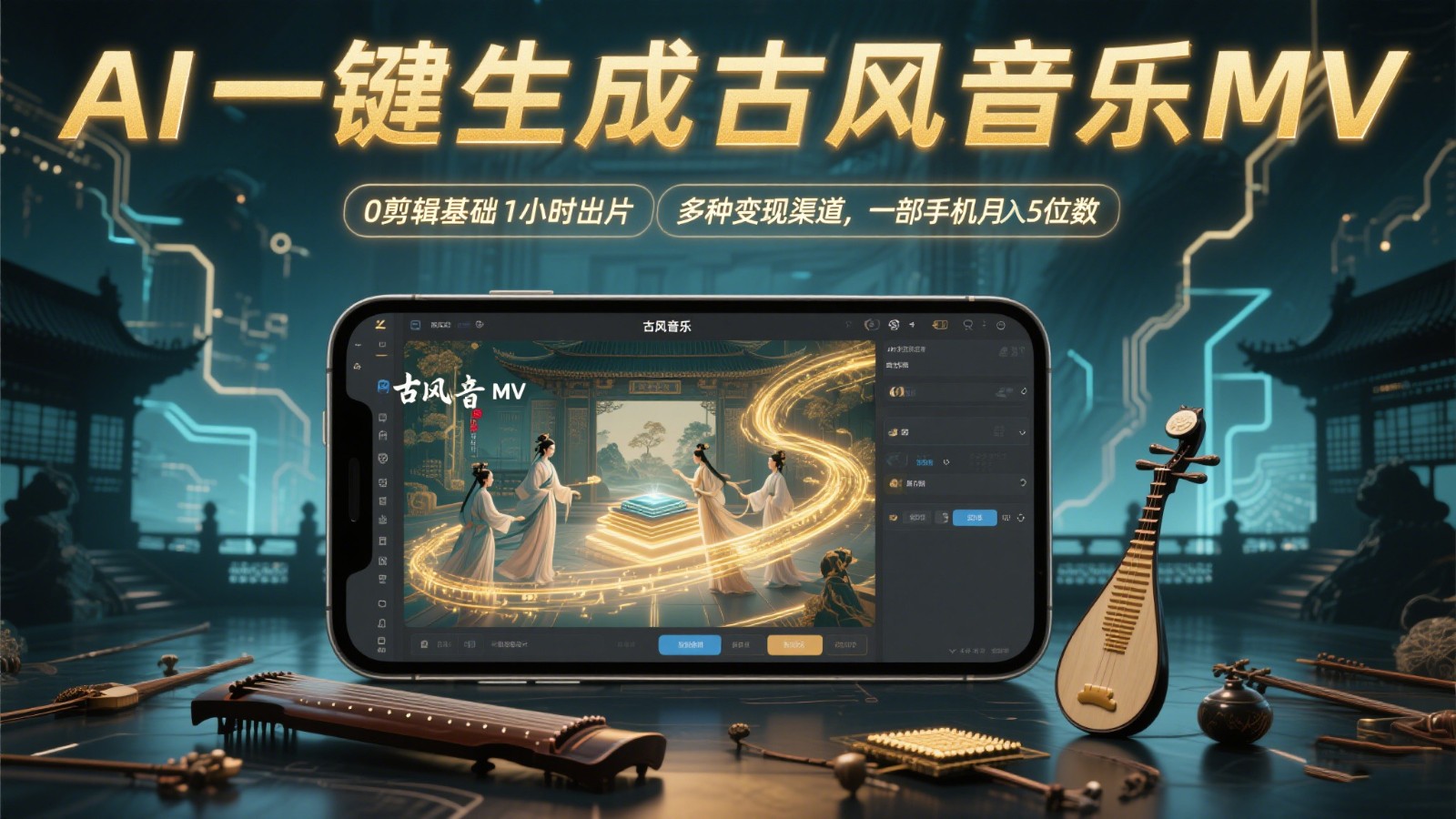 AI一键生成古风音乐MV，0视频剪辑基本1钟头出菲林，多种多样变现渠道，一部手机月入5个数-沐颜网创资源