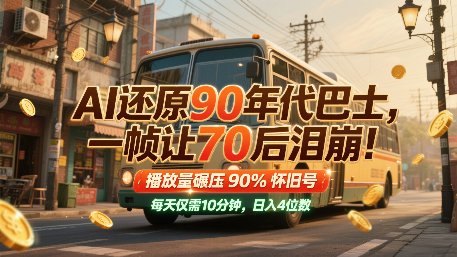 AI复原90时代大巴，一帧让70后泪奔！播放率辗压90%复古号，每日10min，日入4个数-沐颜网创资源
