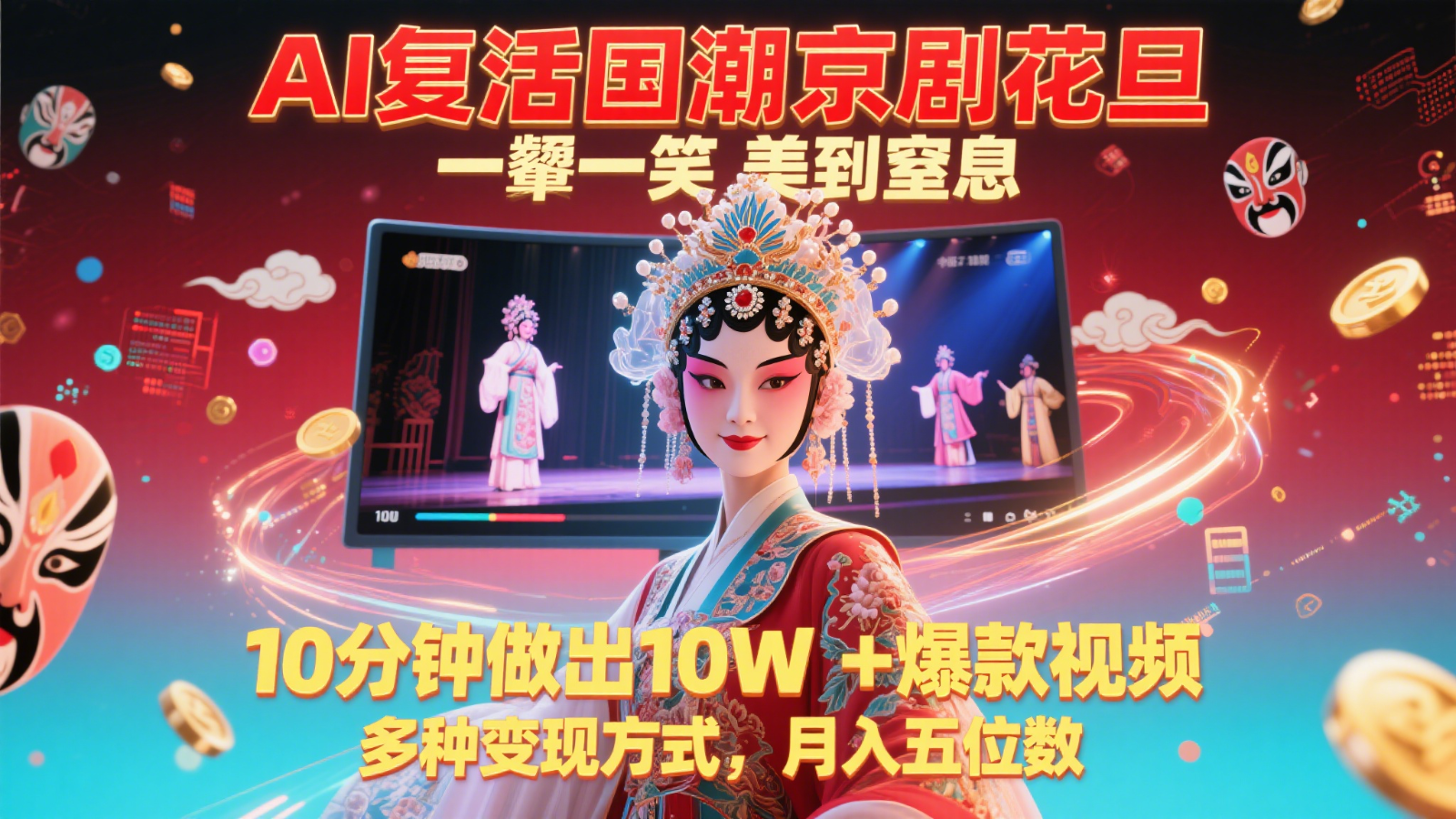 AI复生国潮品牌京剧花旦，一颦一笑美到窒息，10min作出10W 爆款短视频，多种多样变现模式-沐颜网创资源