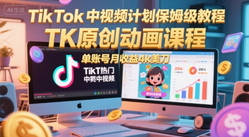 TikTok中视频计划保姆级教程，TK原创动画课程，单账号月收益4k美刀-沐颜网创资源