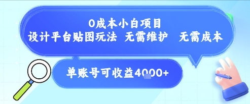 0成本小白项目，设计平台贴图玩法，无需维护，无需成本，单账号单月可产生收益4k+-沐颜网创资源