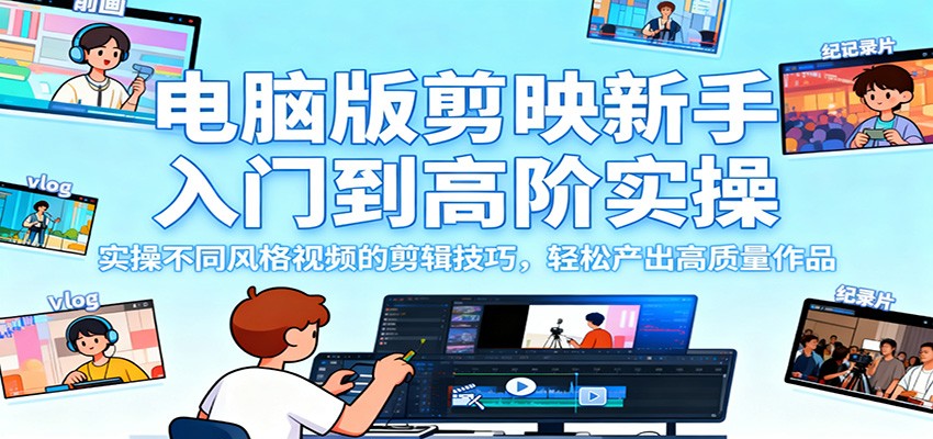 电脑版剪映新手入门到高阶实操，实操不同风格视频的剪辑技巧，轻松产出高质量作品-沐颜网创资源